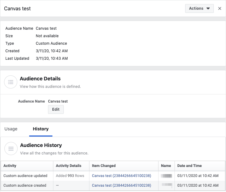 Zielgruppendetails und der Tab „History“ für eine bestimmte Facebook-Zielgruppe mit einer Tabelle „Audience History“ mit Spalten für die Aktivität, Aktivitätsdetails, geänderte Elemente sowie Datum und Uhrzeit.
