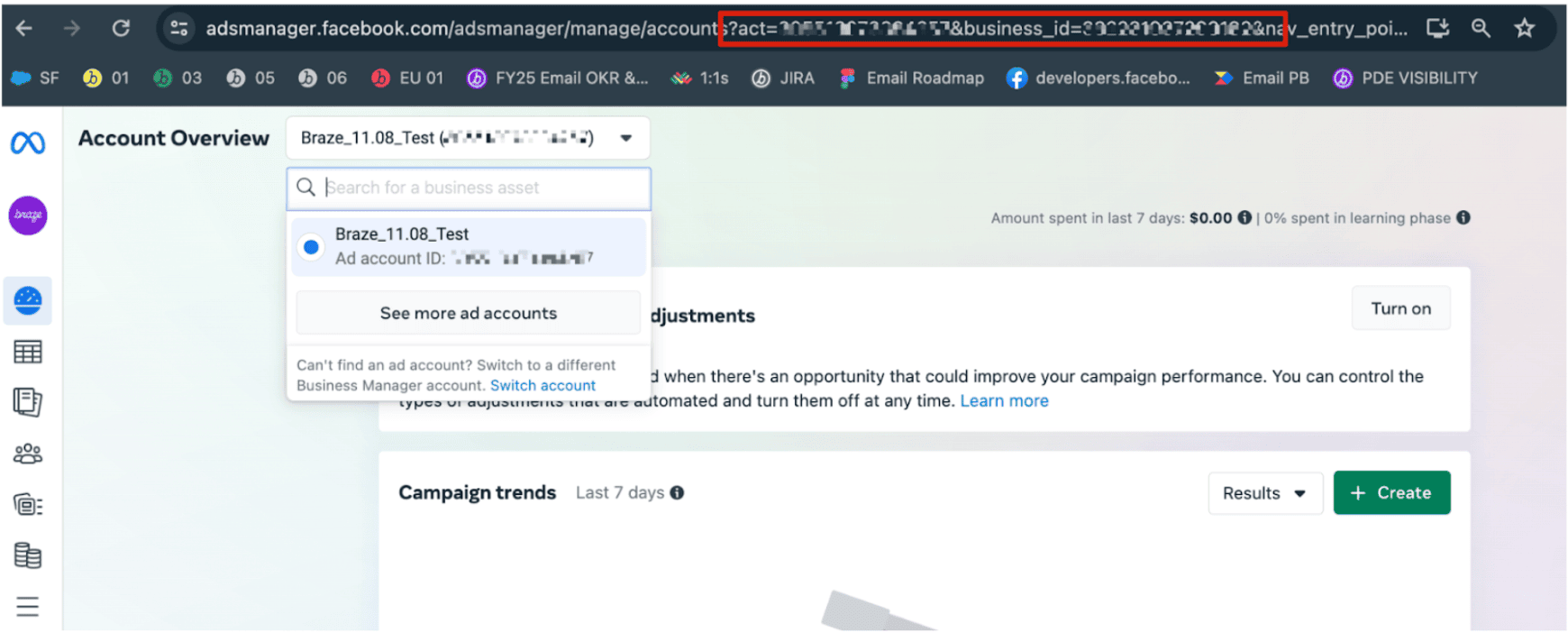 Die URL mit der hervorgehobenen Konto-ID und Unternehmens-ID.