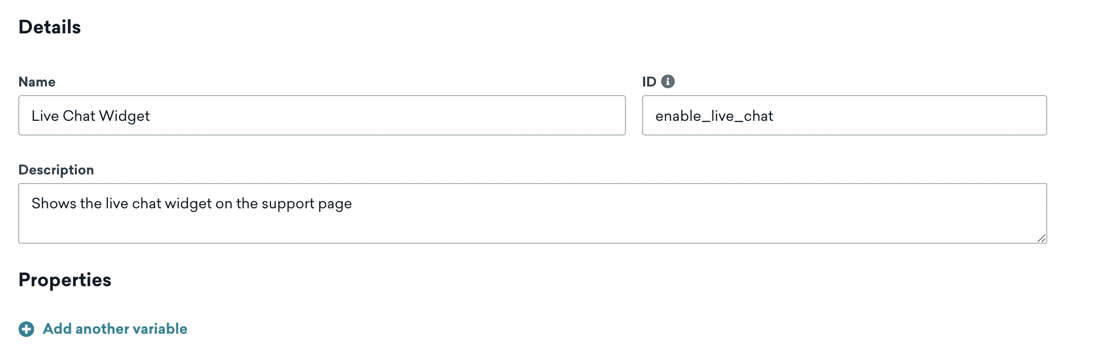 Feature-Flag-Details für ein Beispiel mit dem Namen „Live Chat Widget“. Die ID lautet enable_live_chat. Diese Feature-Flag-Beschreibung besagt, dass das Live-Chat-Widget auf der Support-Seite angezeigt wird.