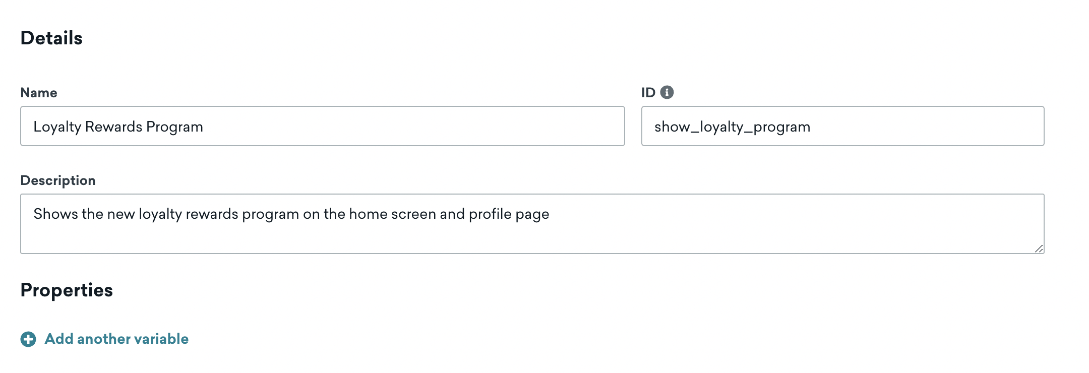 Ein Feature-Flag mit dem Namen „Loyalty Rewards Program“. Die ID lautet show_loyalty_program, und die Beschreibung besagt, dass dies das neue Kundenbindungs-Programm auf dem Startbildschirm und der Profilseite anzeigt.