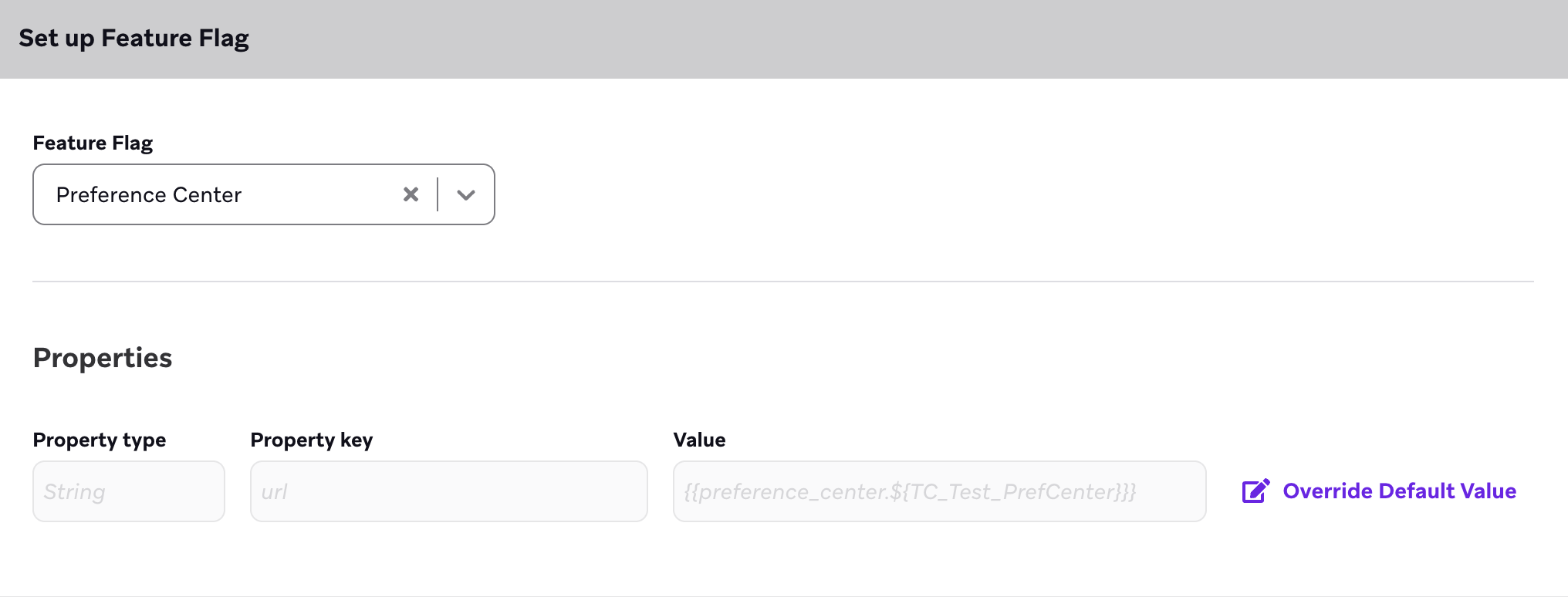 Ein Feature-Flag „Preference Center" mit „String" als Eigenschaft, „url" als Eigenschaftsschlüssel und einem Wert.