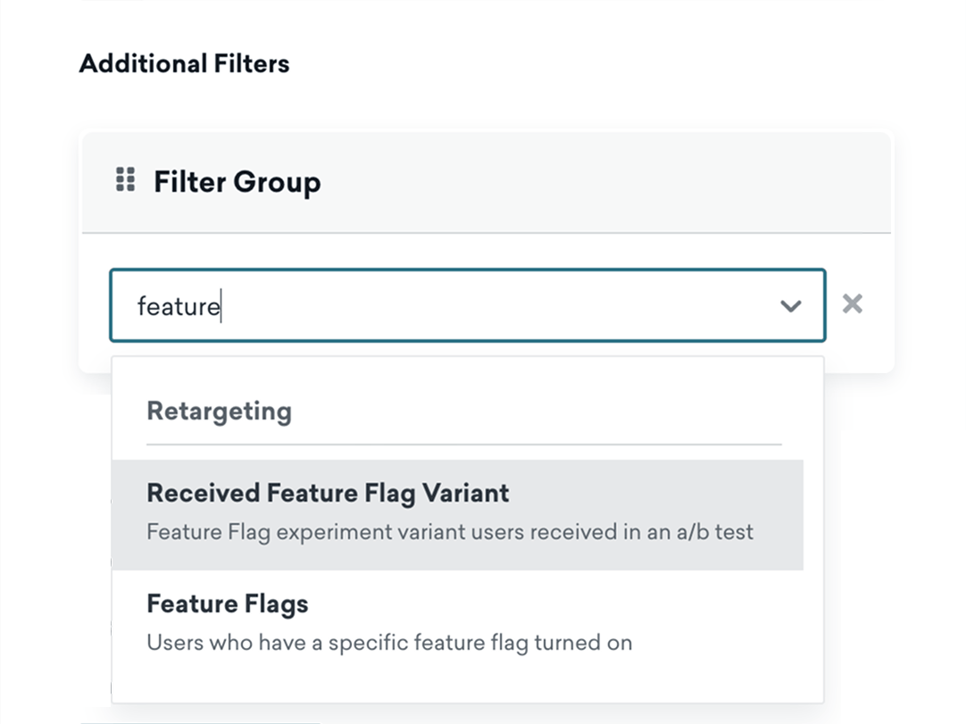 Die Seite „Ziel“ in einem Feature-Flag-Experiment, wobei „Empfangene Feature-Flag-Variante“ in der Suchleiste der Filtergruppe hervorgehoben ist.