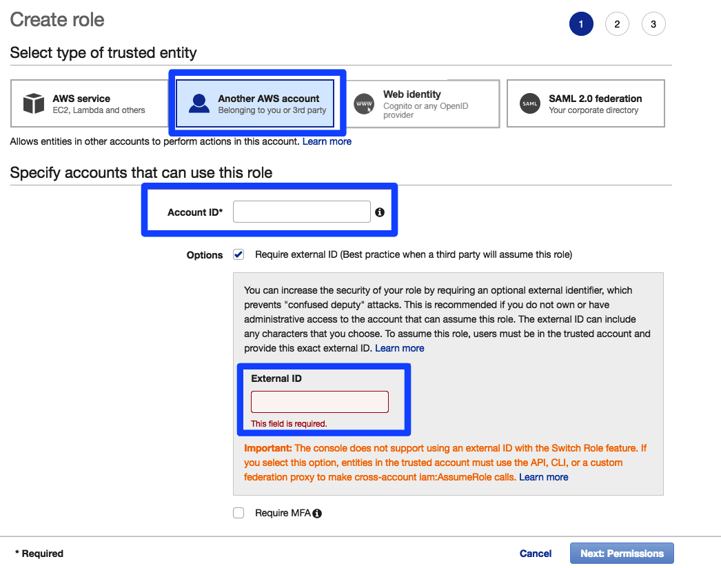 Das Feld zur Eingabe Ihrer „Account ID“, ein Kontrollkästchen zum Anfordern der externen ID und ein leeres Textfeld zur Eingabe Ihrer „External ID“.