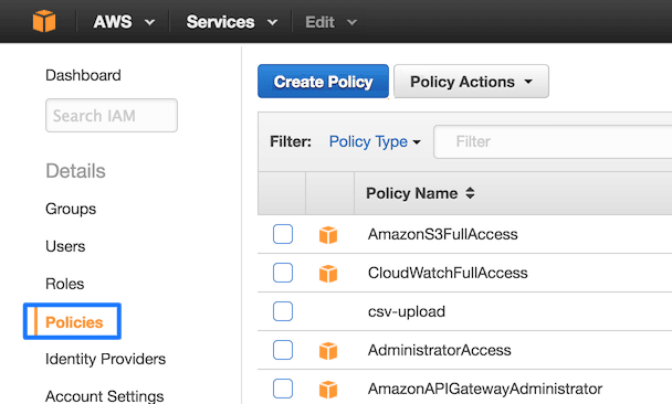 Amazon IAM-Konsole mit der Liste der Richtlinien.