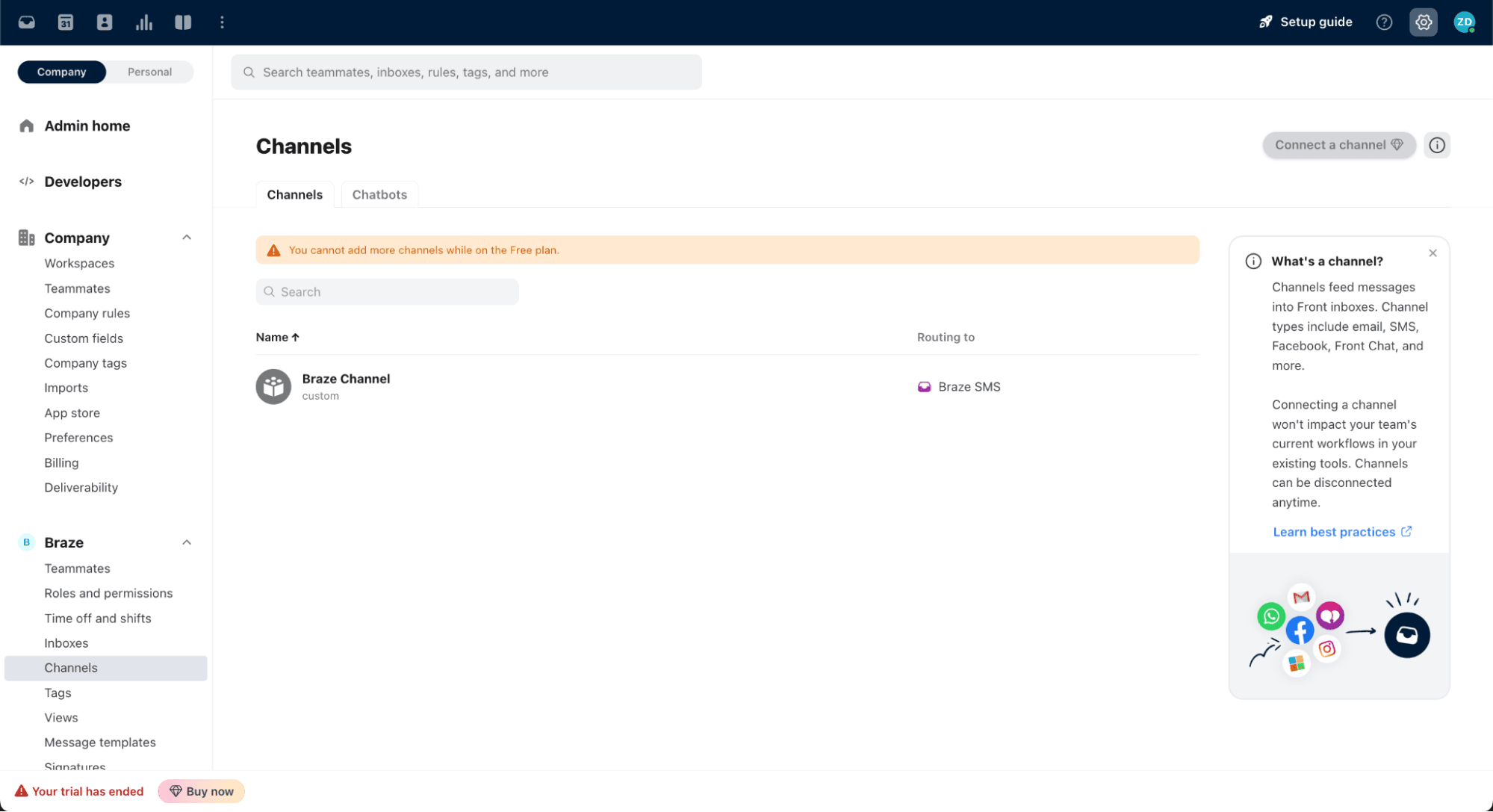 Ein angepasster Kanal für Braze im Front-Dashboard.