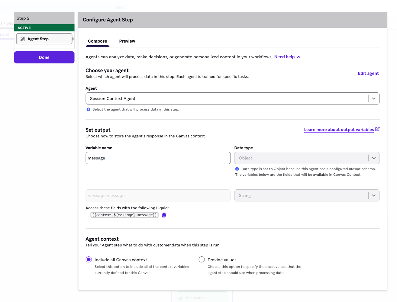 Screenshot des Braze-Agent-Context-Canvas-Schritts mit der Eingabeaufforderung