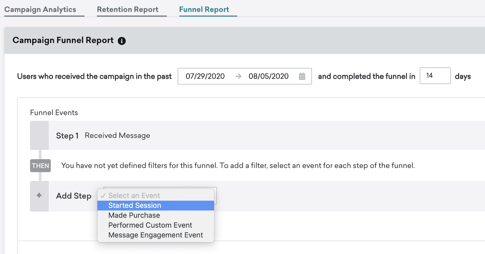Funnel-Bericht für einen Canvas mit einem Dropdown der verfügbaren Bericht-Events.