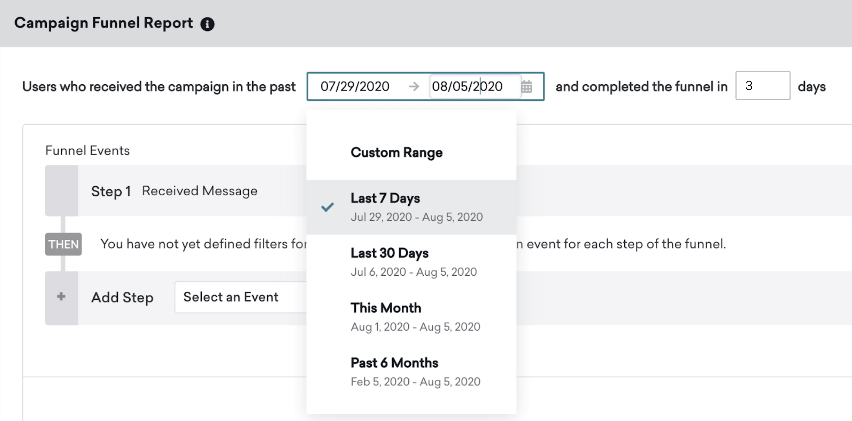Funnel-Bericht für einen Canvas mit „Last 7 Days“ als ausgewähltem Zeitrahmen im Dropdown.