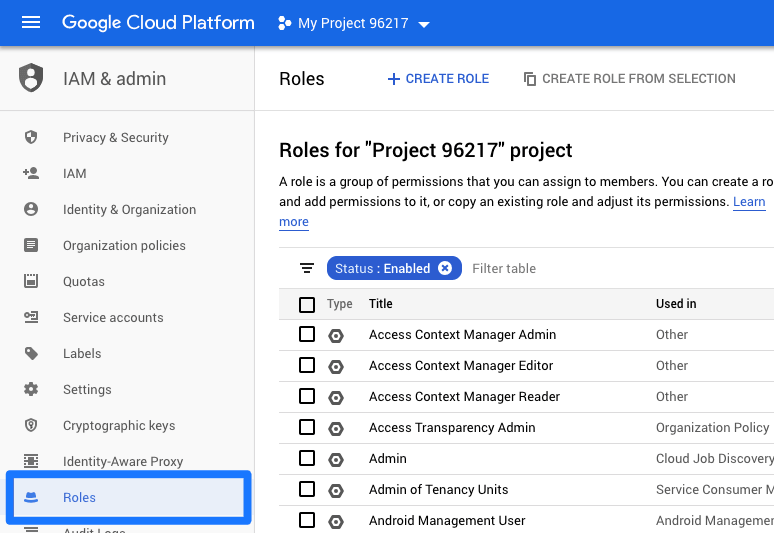 Google Cloud IAM-Rollenseite mit der Aktion „Create Role“.