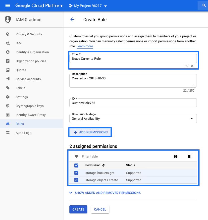 Editor für angepasste Google Cloud-Rollen mit ausgewählten Speicherberechtigungen.