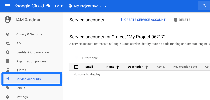 Google Cloud-Dienstkontenseite mit ausgewähltem „Create Service Account“.