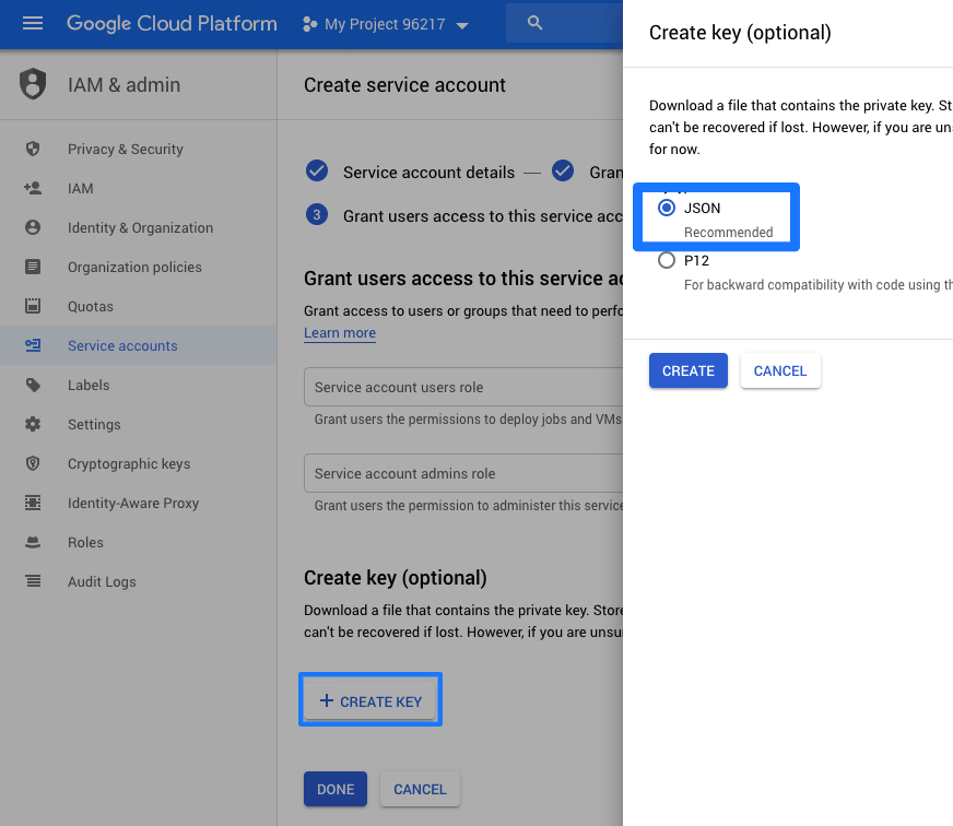 Dialog zur Erstellung eines Google Cloud-Dienstkontoschlüssels mit dem Schlüsseltyp JSON.