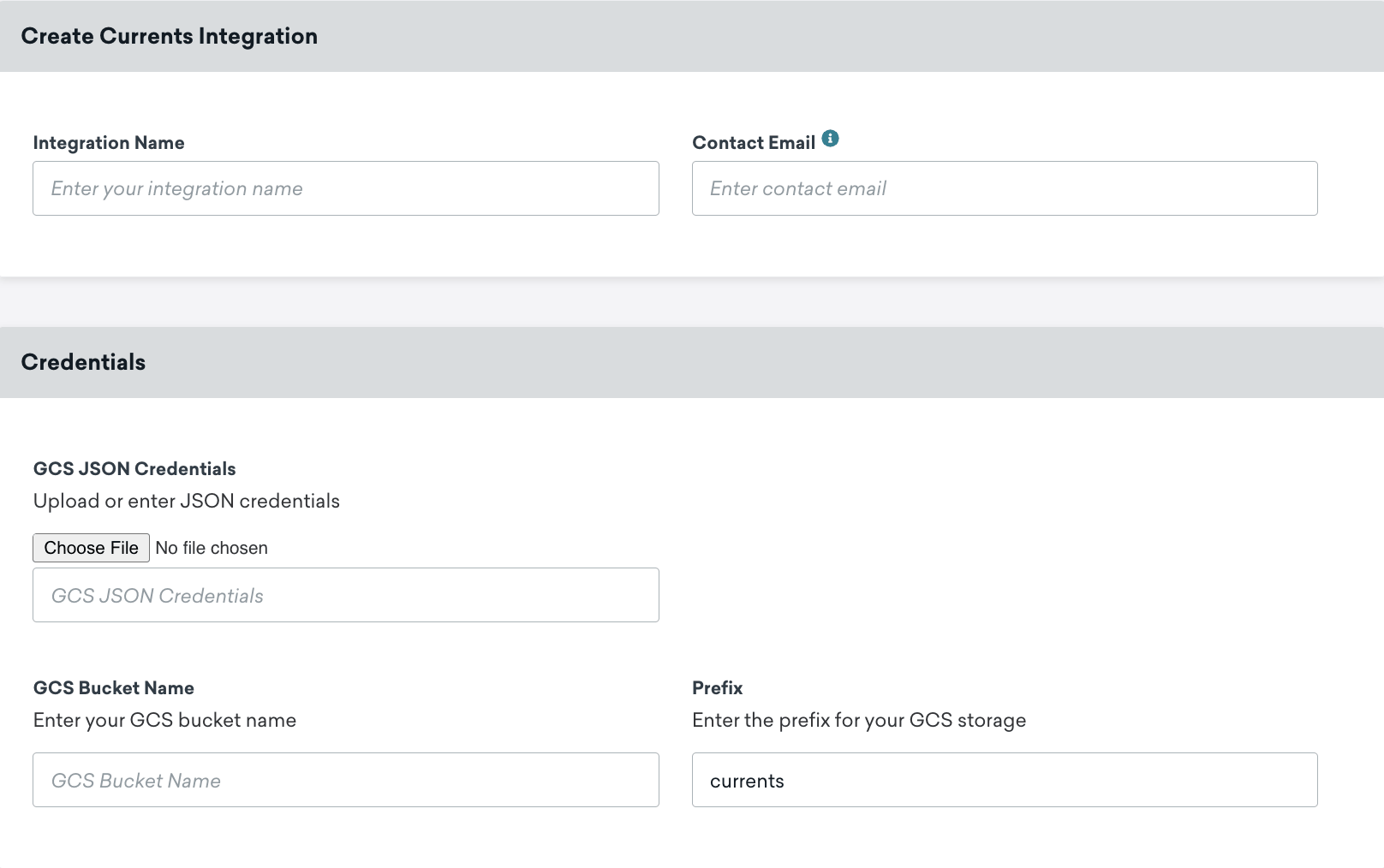 Die Google Cloud Storage Currents-Seite in Braze. Auf dieser Seite gibt es Felder für den Integrationsnamen, die Kontakt-E-Mail, die GCS-JSON-Zugangsdaten, den GCS-Bucket-Namen und das Präfix.