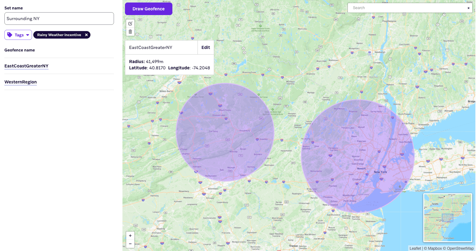 Ein Geofence-Set mit zwei Geofences „EastCoastGreaterNY“ und „WesternRegion“ mit zwei Kreisen auf der Karte.