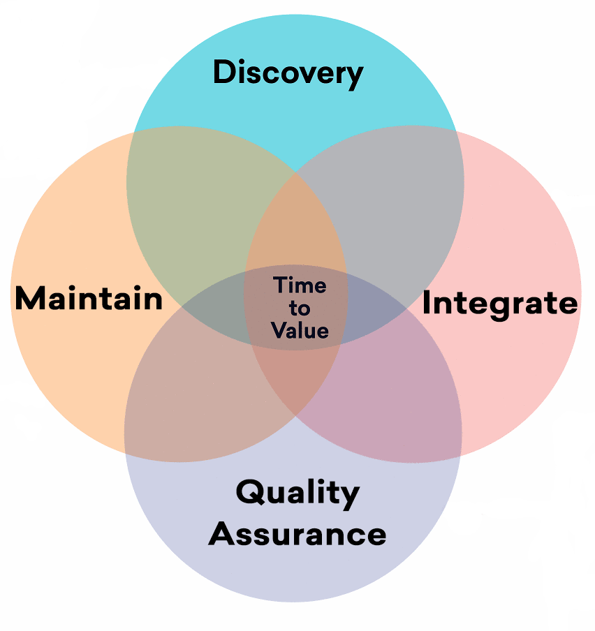 Ein Venn-Diagramm mit vier Kreisen – Identifizierung, Integration, Qualitätssicherung und Wartung – mit dem Schwerpunkt „Time to Value“.