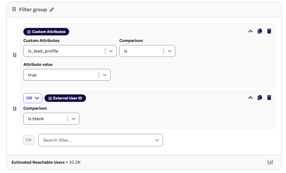 Segmentfilter für eine leere externe Nutzer-ID und ein angepasstes Attribut „is_lead_profile“ mit dem Wert „wahr“.