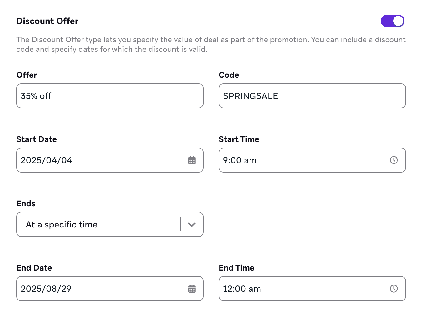 Optionen zur Angabe von Angebotswert, Code sowie Startdatum und -zeit für ein Rabattangebot.