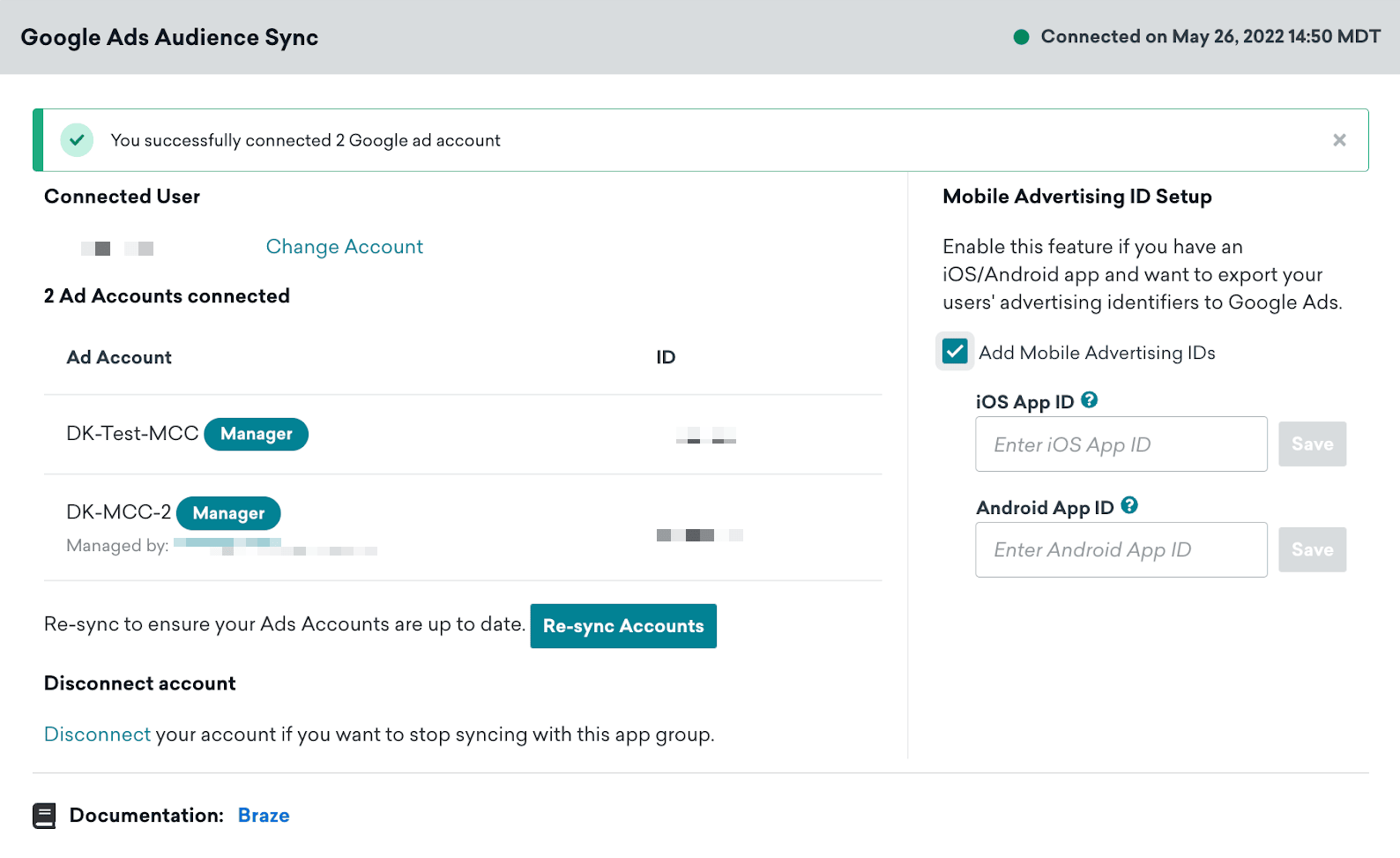 Die aktualisierte Seite zur Google Ads-Technologie zeigt die verbundenen Anzeigenkonten an und ermöglicht eine erneute Synchronisierung der Konten sowie das Hinzufügen von IDs für mobile Werbung.