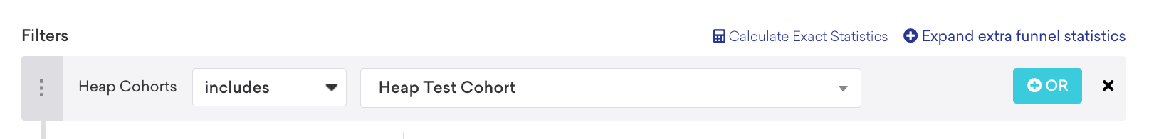 Im Braze-Segment-Builder ist der Nutzer:innen-Attribut-Filter „Heap cohort“ auf „includes“ und „Heap Test Cohort“ gesetzt.
