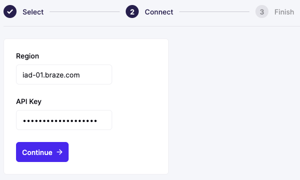 Hightouch-Braze-Zielkonfiguration mit Feldern für Endpunkt und API-Schlüssel.