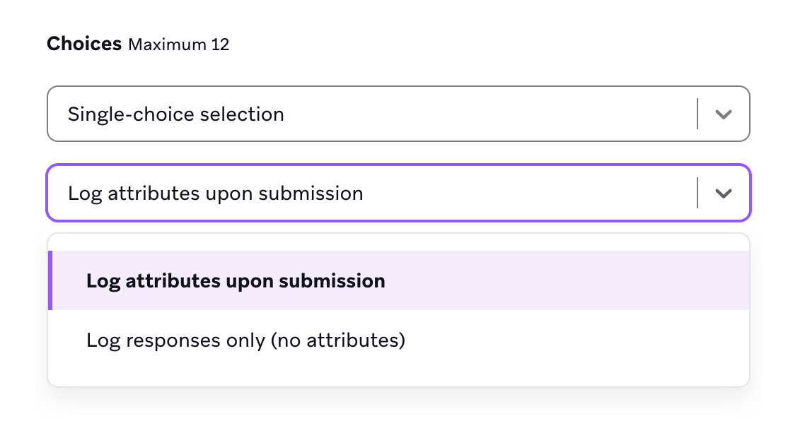 Dropdown für Auswahlmöglichkeiten mit ausgewählter Option „Log attributes upon submission“.