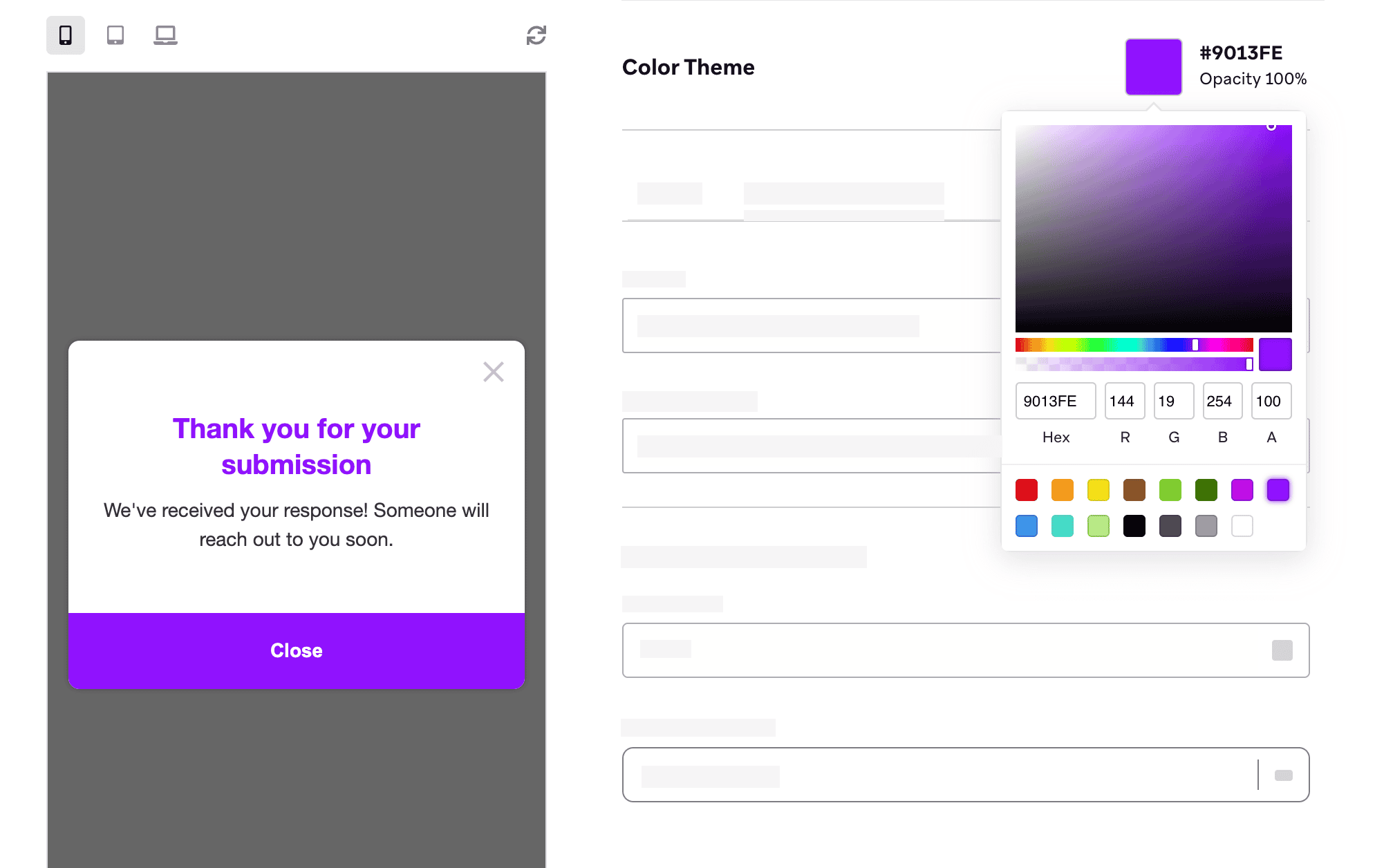 Tab „Verfassen“ des einfachen Umfrage-Editors mit erweitertem Color-Theme-Picker, nachdem Nutzer:innen auf die Farbpalette geklickt haben.