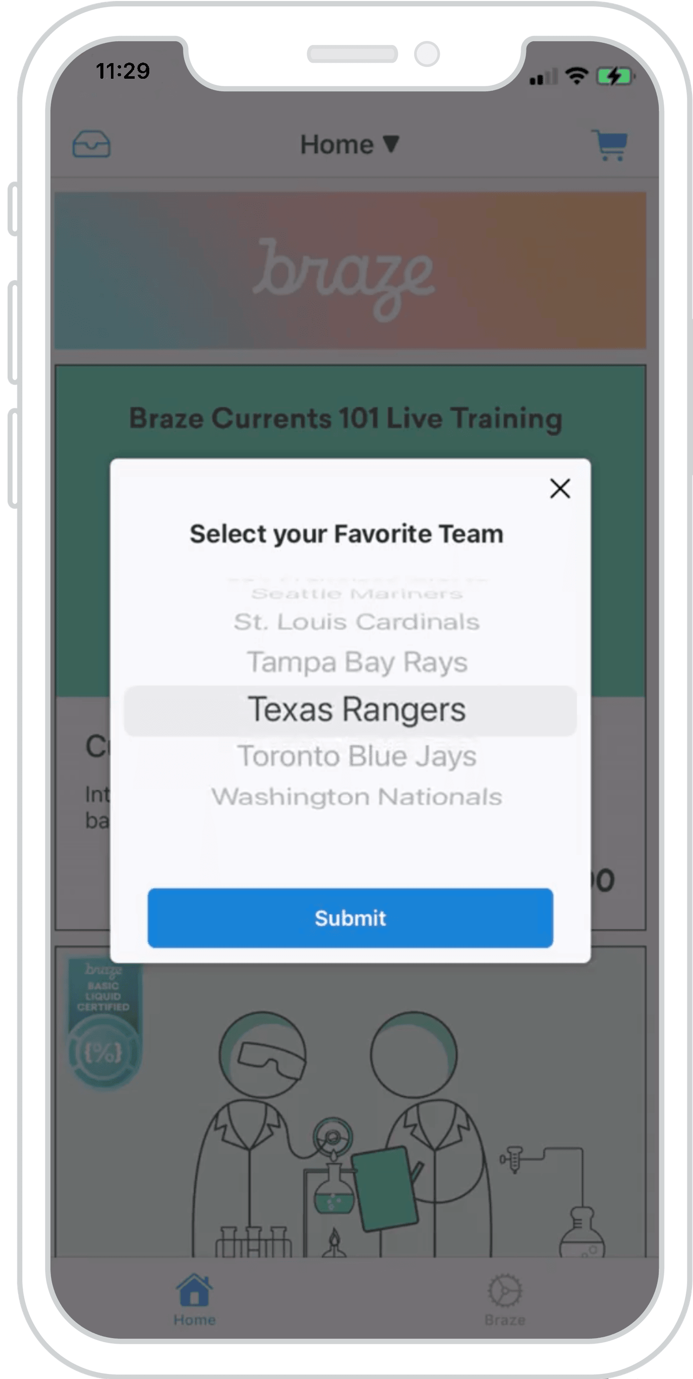 Ein iPhone, das eine modale In-App-Nachricht anzeigt, mit der Sie durch eine Liste von Sportmannschaften blättern und Ihre Lieblingsmannschaft auswählen können. Am Ende dieser In-App-Nachricht befindet sich ein großer blauer Button zum Absenden.