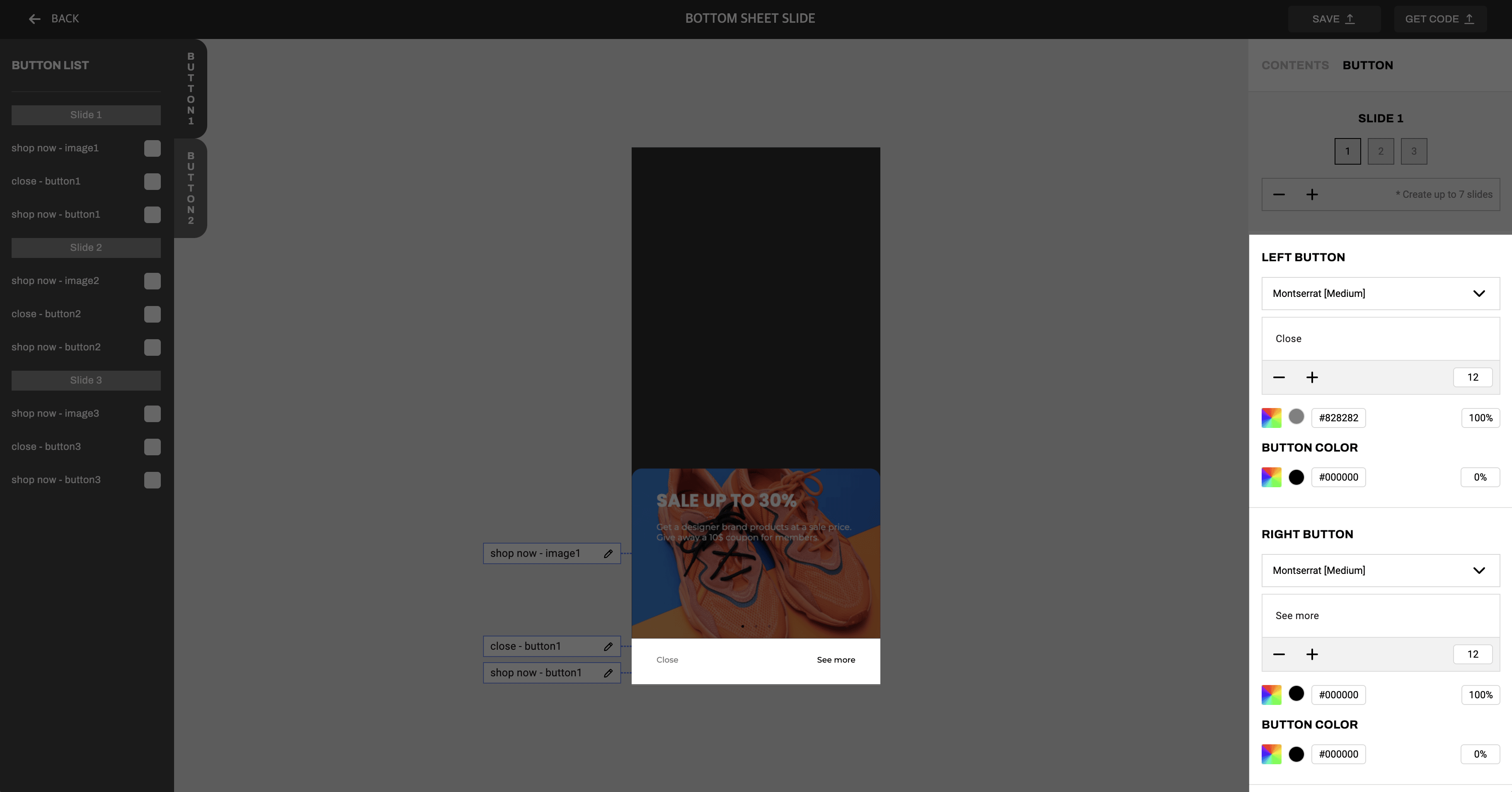 Das IAM Studio UI zeigt die Optionen zum Anpassen des Haupt-, linken und rechten Buttons. Zu diesen Optionen gehören Farbe, Deeplink, Text und Formatierung.