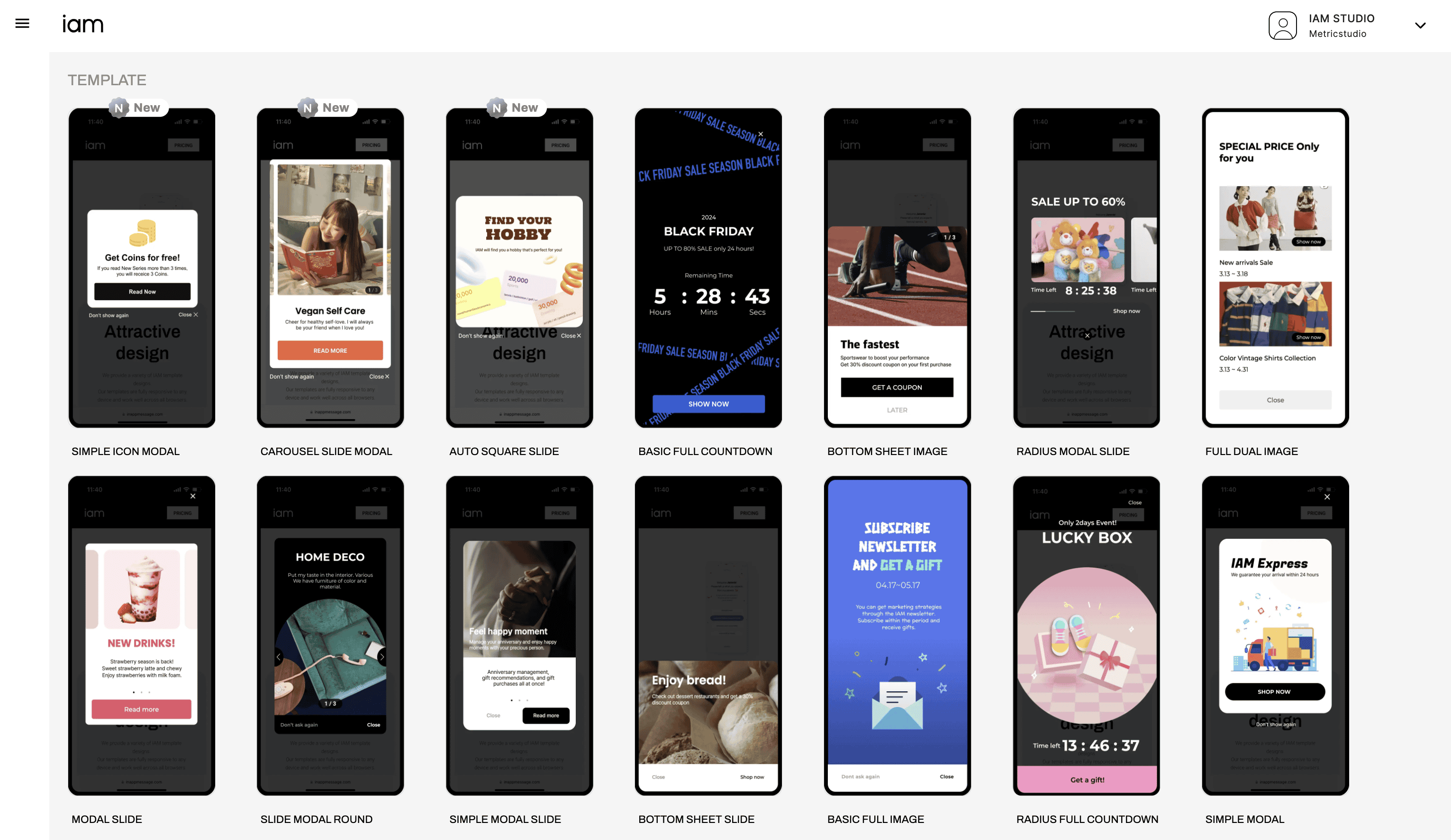 Die IAM Studio Template-Galerie zeigt verschiedene Templates wie „Carousel Slide Modal“, „Simple Icon Modal“, „Modal Full Image“ und mehr.