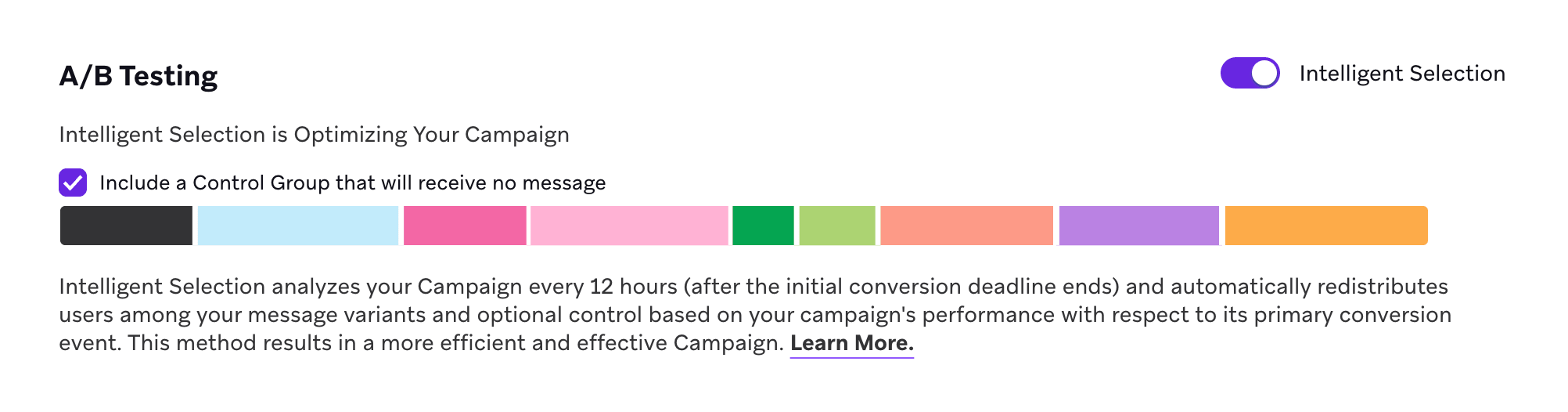 Abschnitt „A/B-Tests“ einer Campaign mit aktivierter Intelligenter Auswahl.