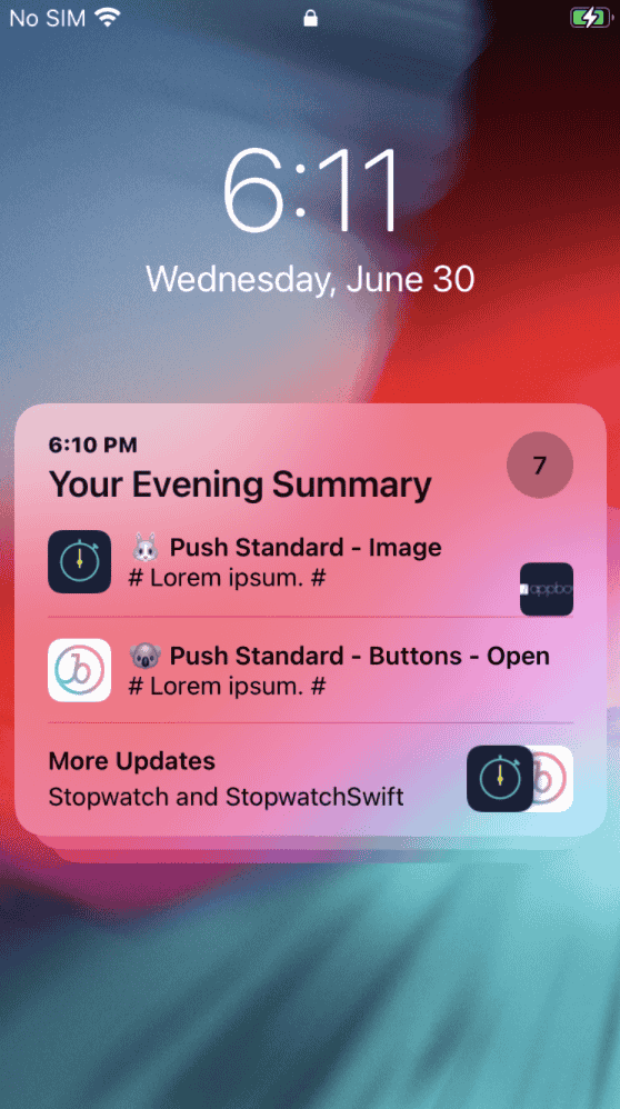 Eine Benachrichtigungszusammenfassung für iOS mit dem Titel „Your Evening Summary“ mit drei Benachrichtigungen.