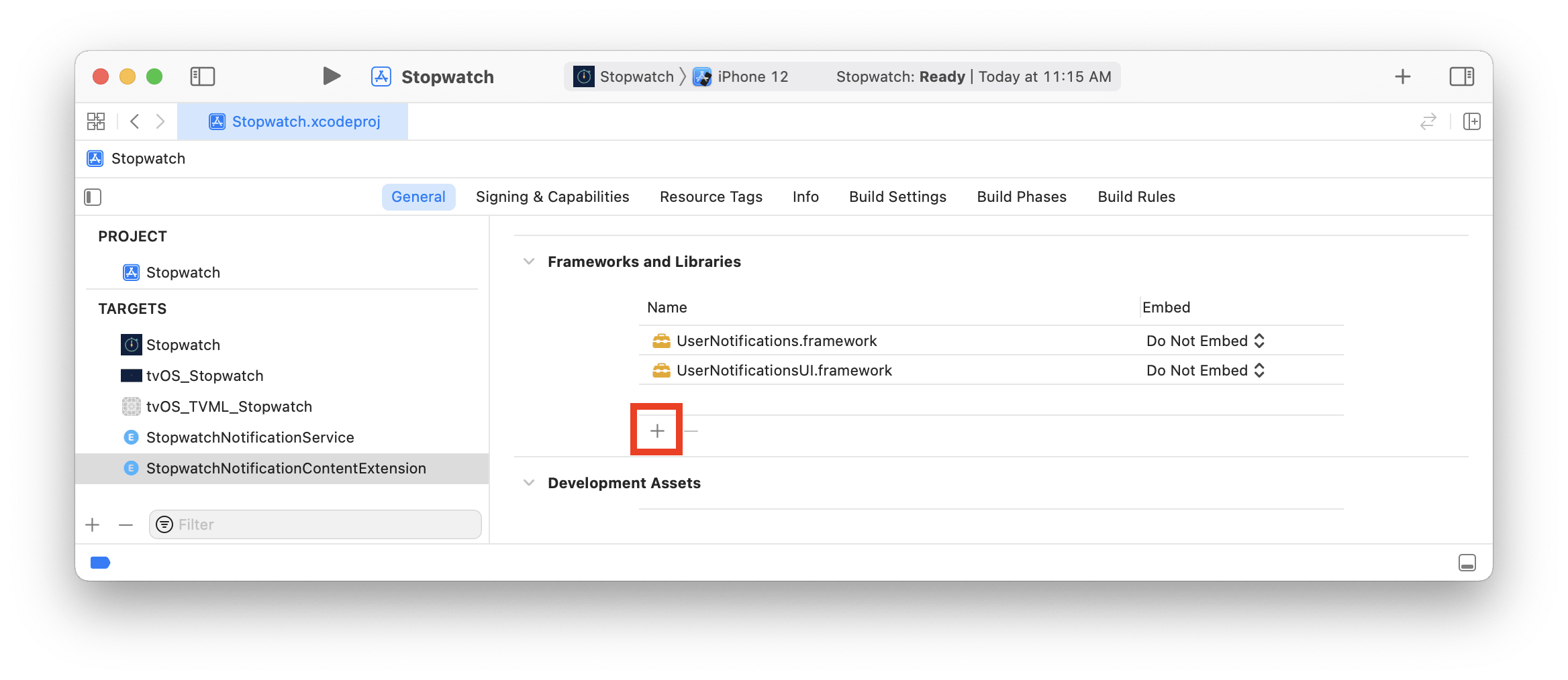 Wählen Sie in Xcode unter „Frameworks und Bibliotheken“ das Symbol „+“, um ein Framework auszuwählen.
