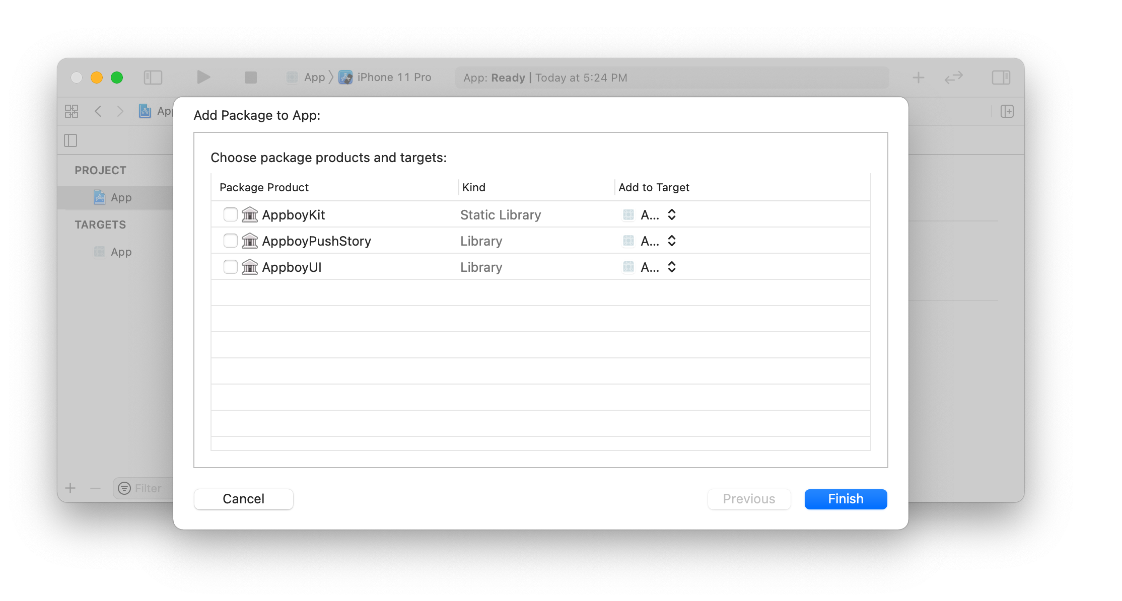 Xcode-Bildschirm „Add Package“ zur Auswahl der Braze-SDK-Bibliotheksziele.
