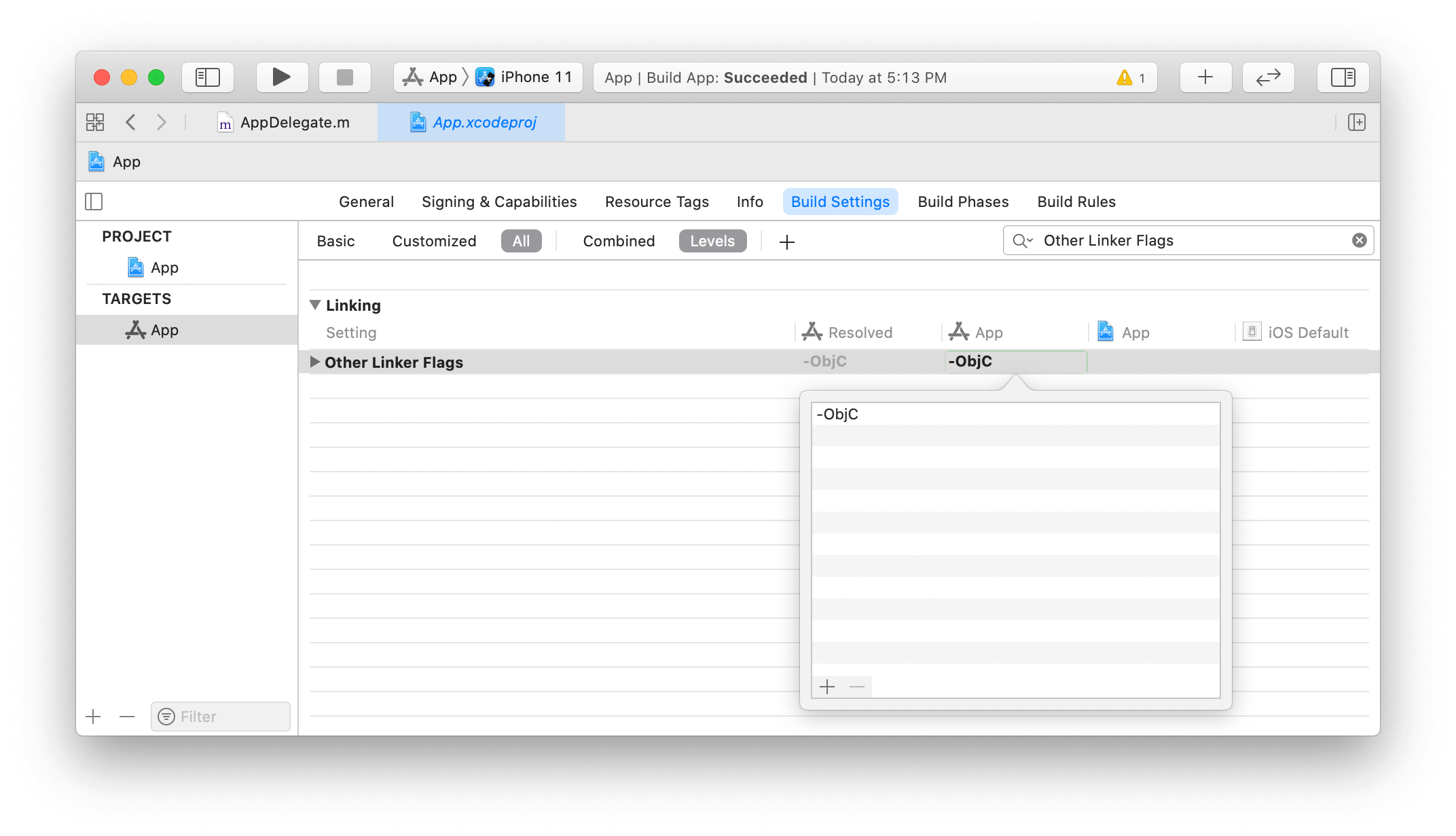 Xcode-Build-Einstellungen mit dem Feld „Other Linker Flags“.