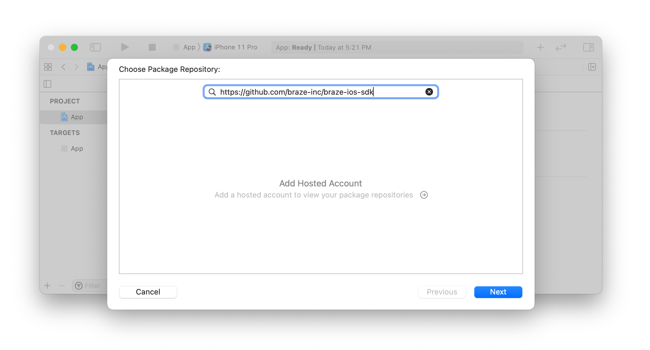 Xcode-Dialog „Add Package“ für die Repository-URL des Braze iOS SDK.