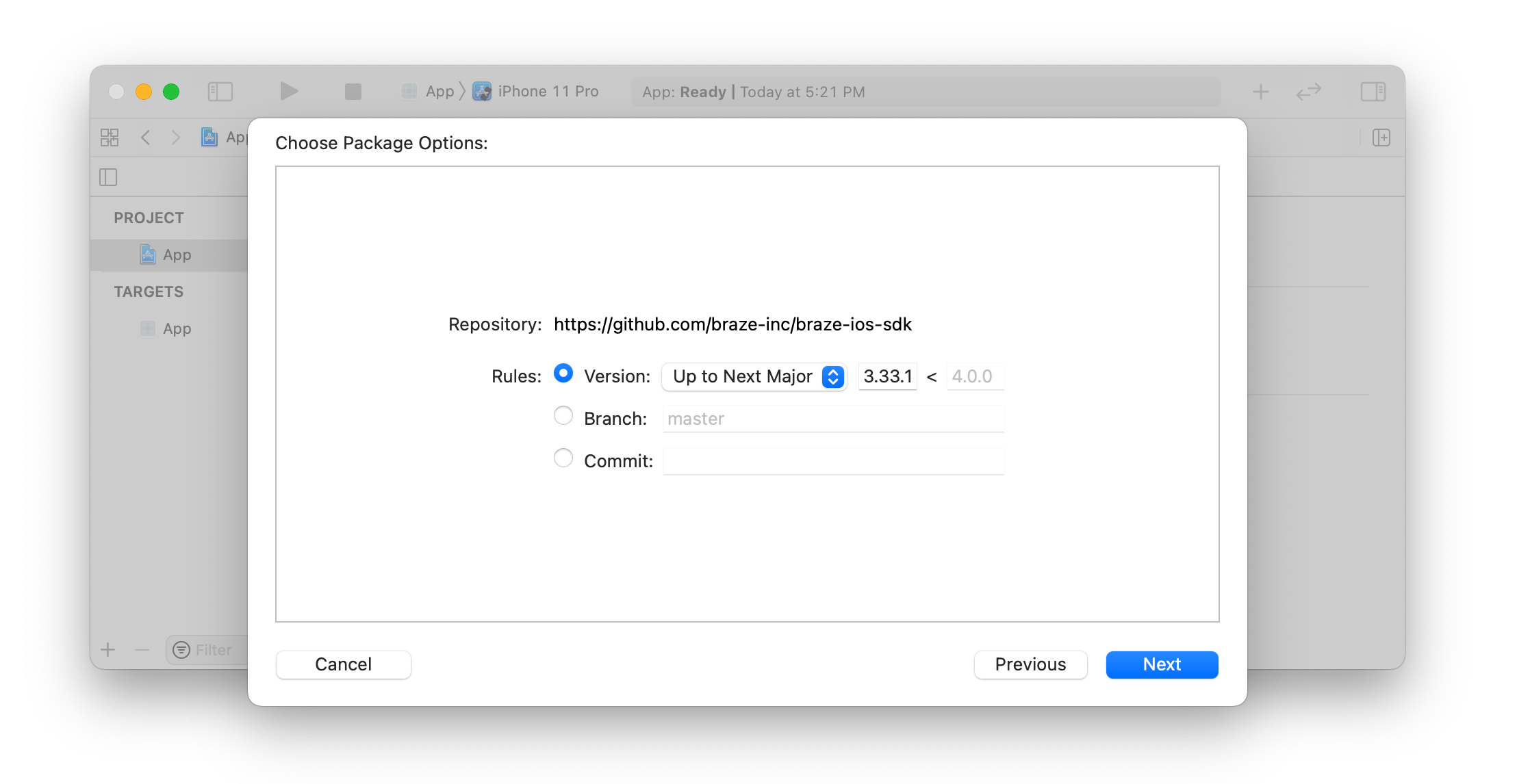 Xcode-Paketversionsauswahl für das Braze iOS SDK.