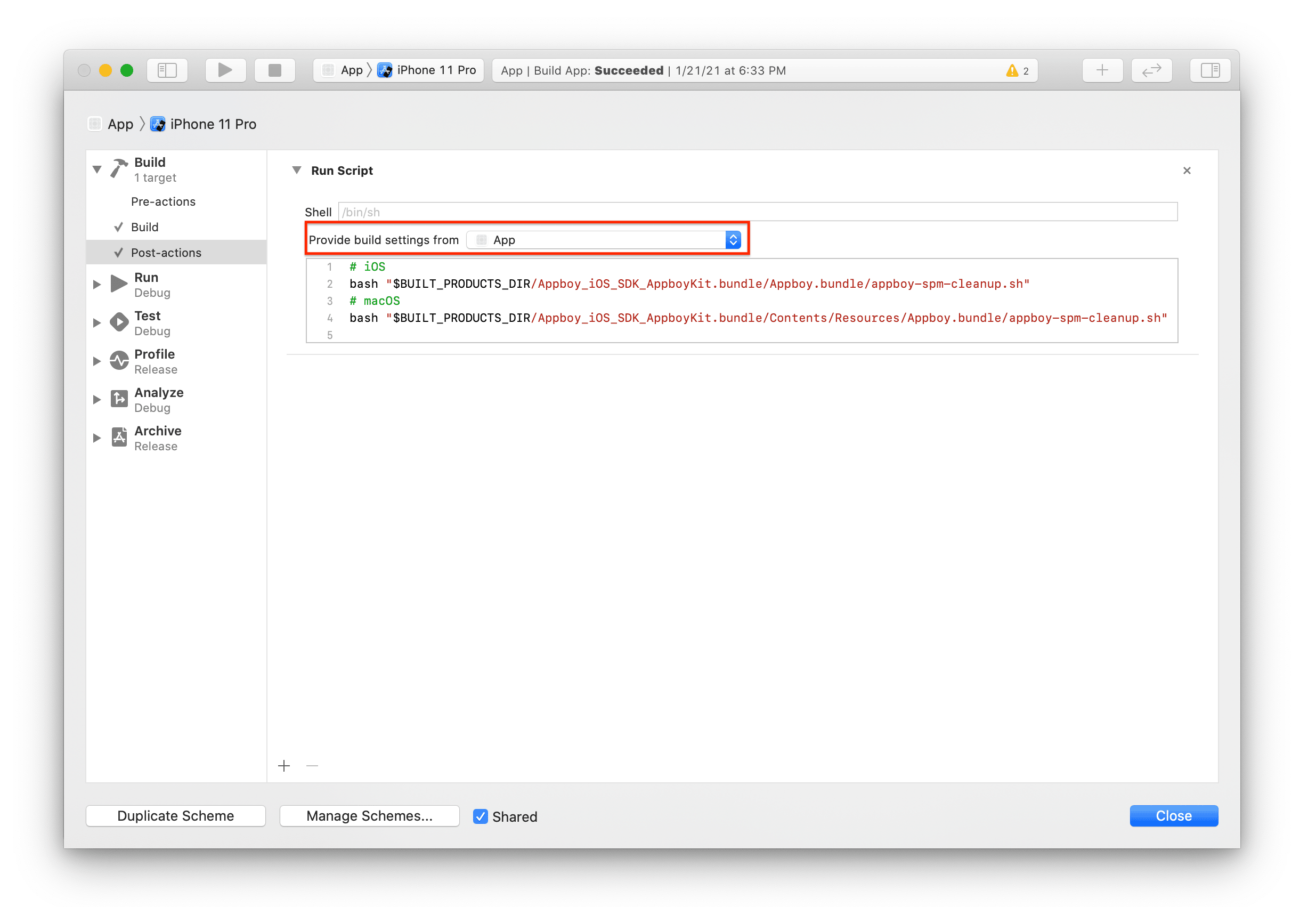 Xcode-Build-Phases-Menü zum Hinzufügen einer Run-Script-Build-Phase.