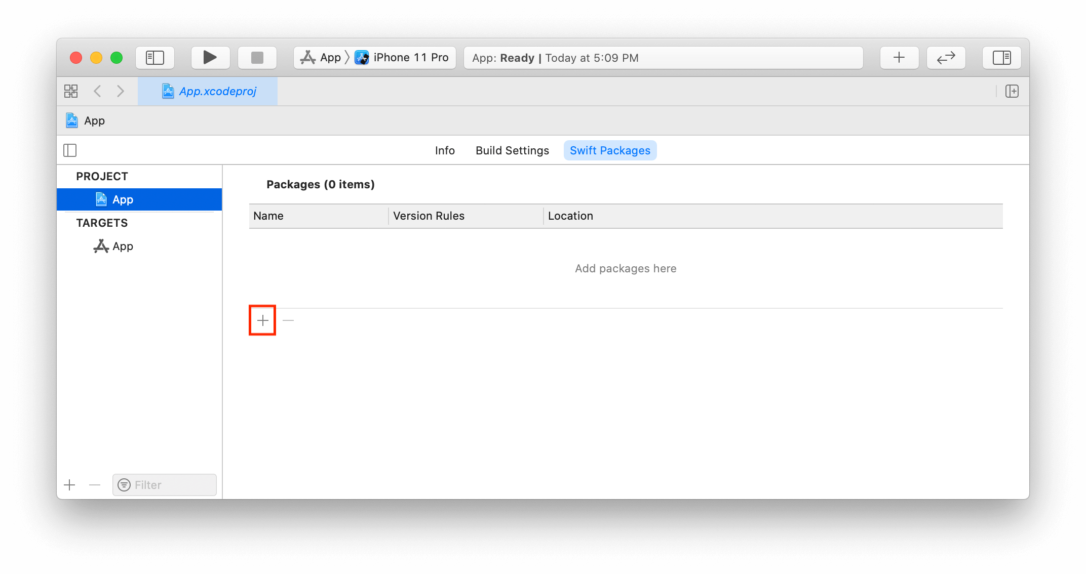 Xcode-Projekteinstellungen mit ausgewähltem Tab „Swift Packages“.