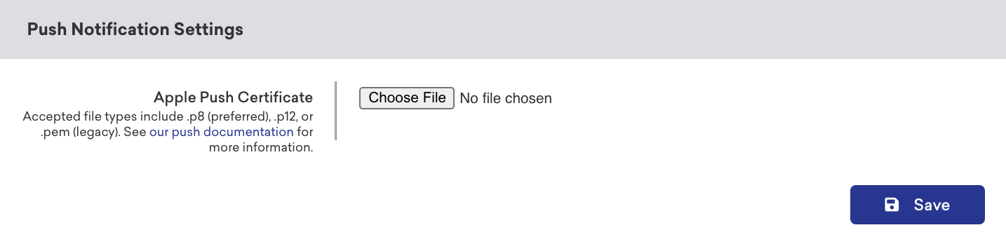 Braze-Dashboard Push Notification Settings mit APNs-Schlüssel-Upload-Feldern.