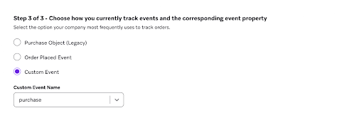 Das angepasste Event „purchase“ als aktuell verwendete Tracking-Methode ausgewählt.