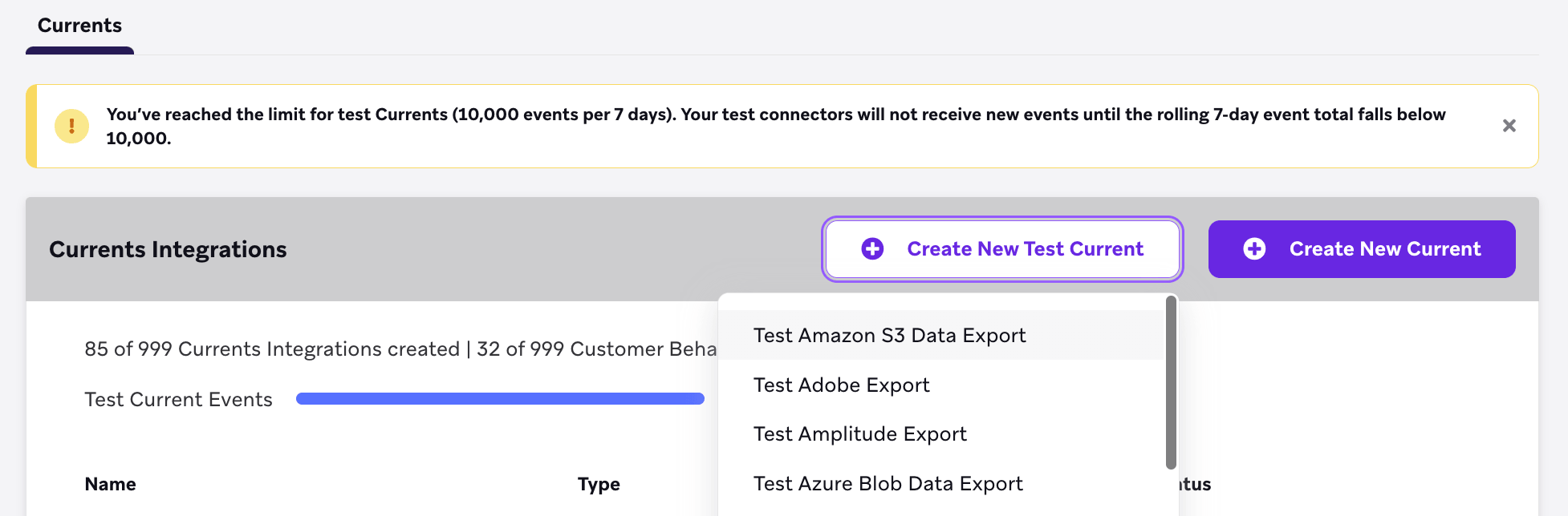 Dropdown „Create New Test Current“ mit der Option „Test Amazon S3 Data Export“.