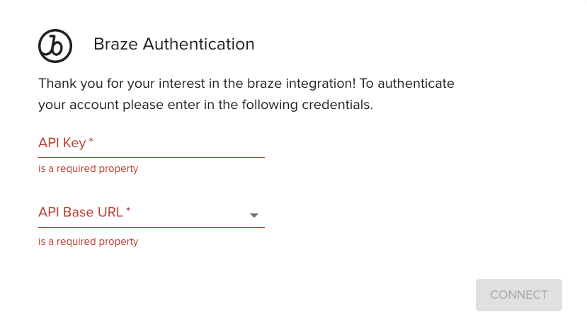Das Braze-Authentifizierungs-Popup-Fenster, in dem nach einem Braze-API-Schlüssel und der Basis-URL gefragt wird.