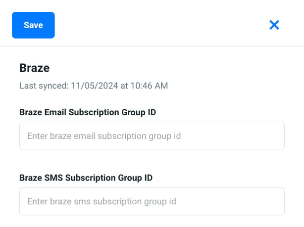 Die Braze-App geöffnet in einem Justuno-Workflow mit der Option, E-Mail- und SMS-Abo-Gruppen-IDs hinzuzufügen.