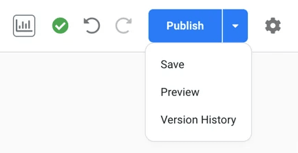 Das Menü „Publish“ mit den Optionen zum Speichern, zur Vorschau oder zum Anzeigen des Versionsverlaufs.