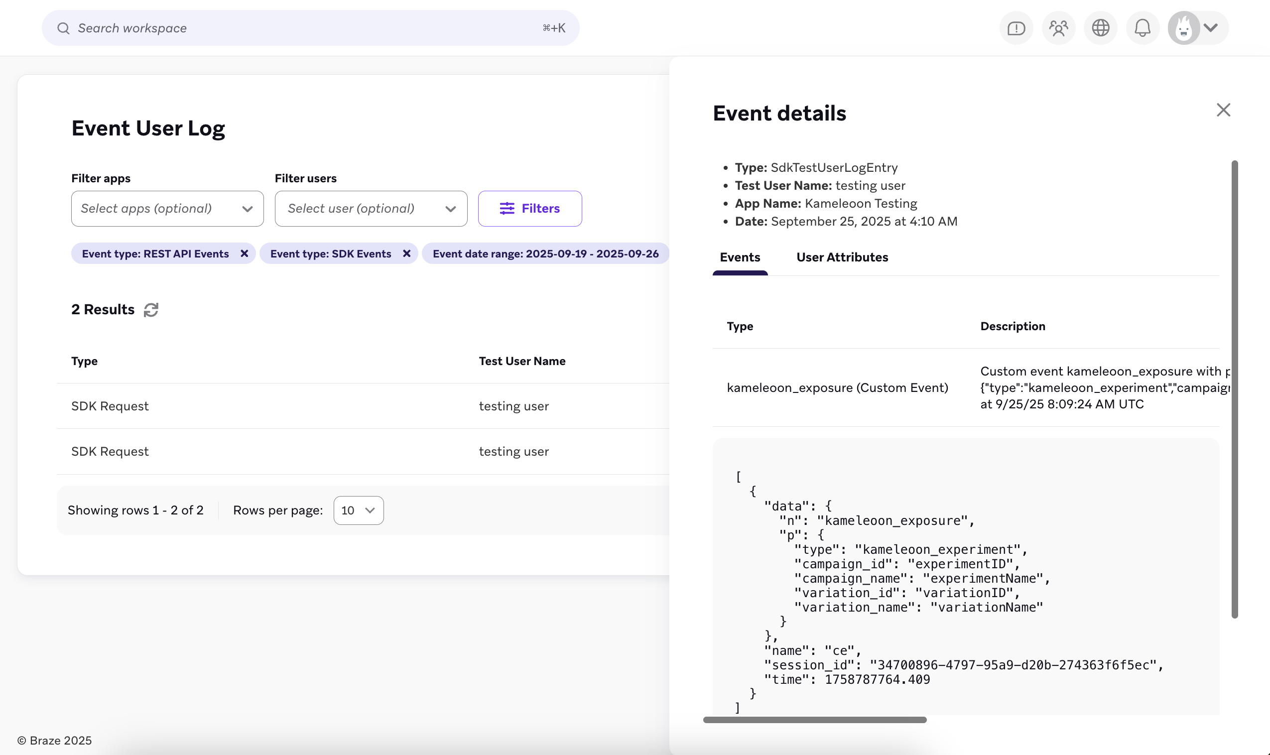 Das Event-Nutzerprotokoll für angepasste Events in Braze mit einer Beispiel-Payload des Events, das Braze von Kameleoon erhalten hat.