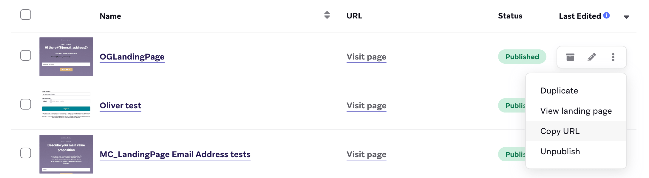 Eine Landing-Page mit geöffnetem Menü, das die Option „Copy URL“ zeigt.