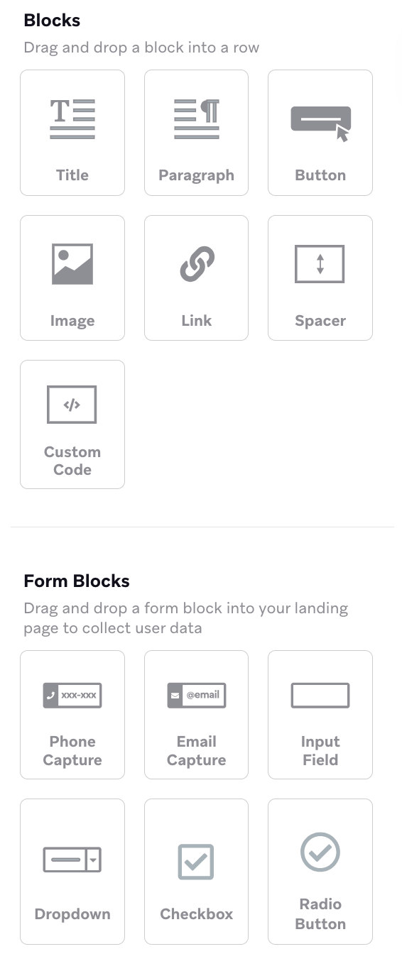Der Abschnitt „Build“ mit „Rows“ und „Form Blocks“.