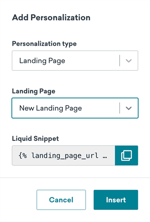Ein automatisch generierter Liquid-Tag für die ausgewählte Landing-Page.