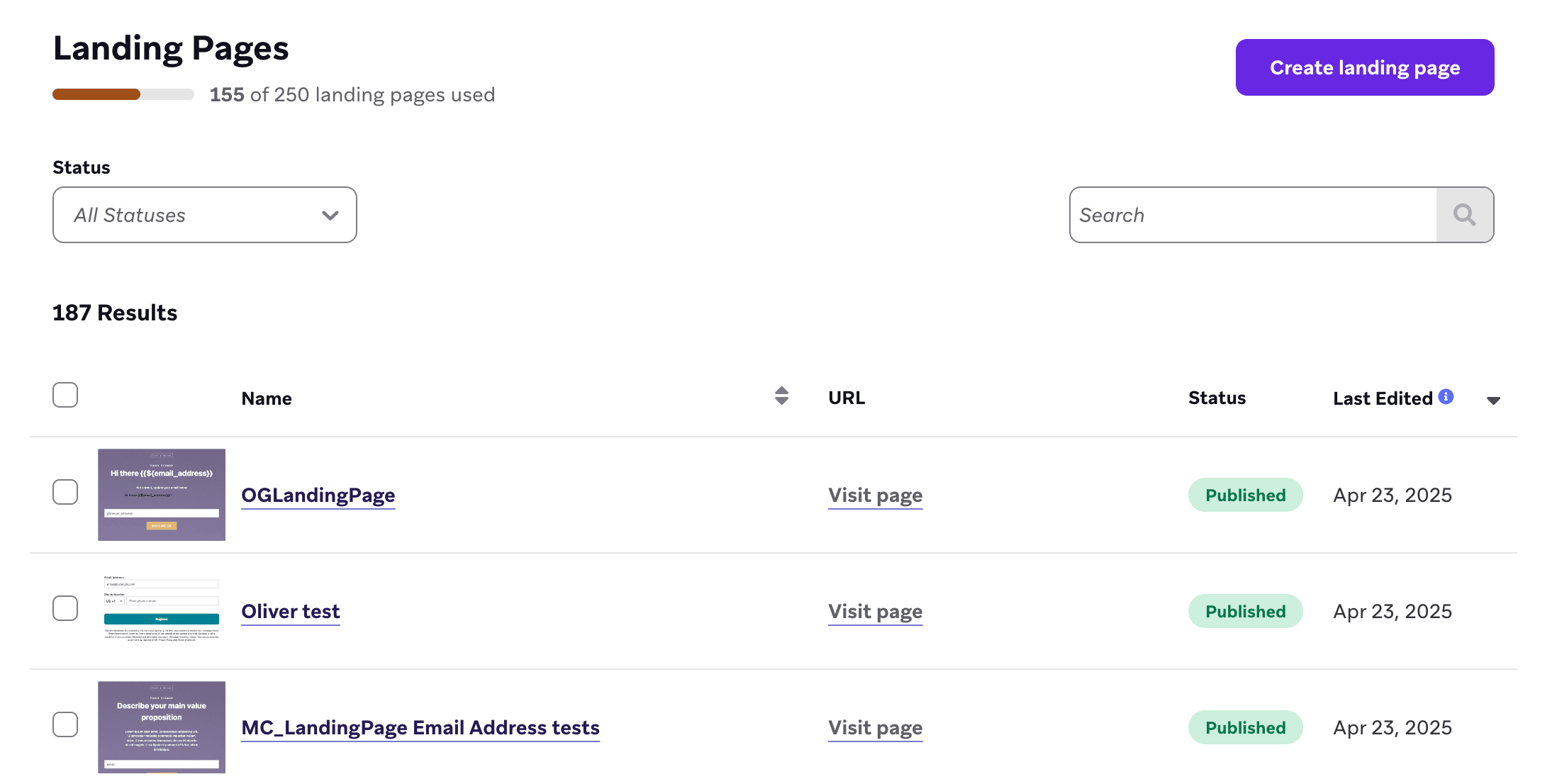 Der Bereich „Landing Pages“ im Braze-Dashboard.
