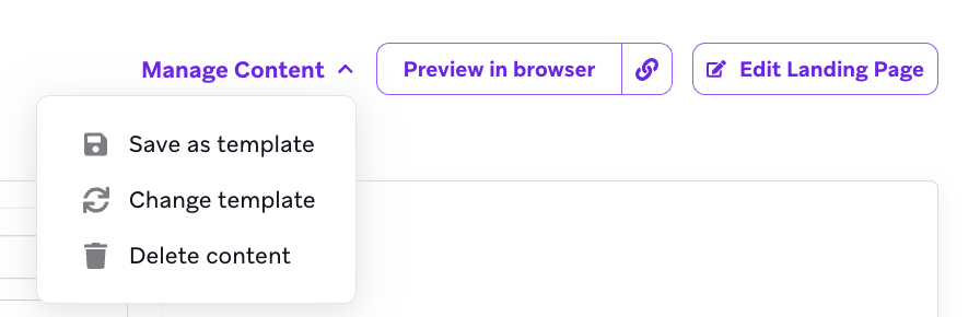 Ein Dropdown-Menü mit Optionen zum Speichern, Ändern und Löschen einer Landing-Page.